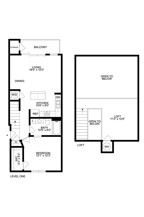 Floor plan for 1 bed, 1 bath, 909 sqft